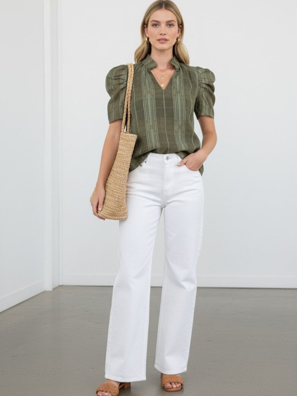 THML Olive Puff Sleeve Blouse NWT Womens Boutique Feminine Top Large